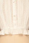 Bibolla White Button-Up Crop Top with Ruffles| La Petite Garçonne bottom close-up
