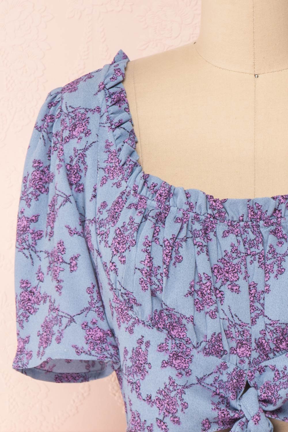 Bielawa Blue & Lilac Floral Short Sleeved Crop Top | FRONT CLOSE UP | Boutique 1861