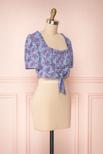 Bielawa Blue & Lilac Floral Short Sleeved Crop Top  | SIDE VIEW | Boutique 1861