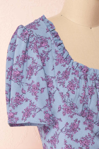 Bielawa Blue & Lilac Floral Short Sleeved Crop Top | SIDE CLOSE UP | Boutique 1861