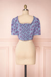 Bielawa Blue & Lilac Floral Short Sleeved Crop Top   BACK VIEW | Boutique 1861
