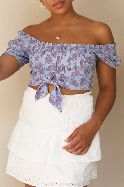 Bielawa Blue & Lilac Floral Short Sleeved Crop Top | Boutique 1861 on model