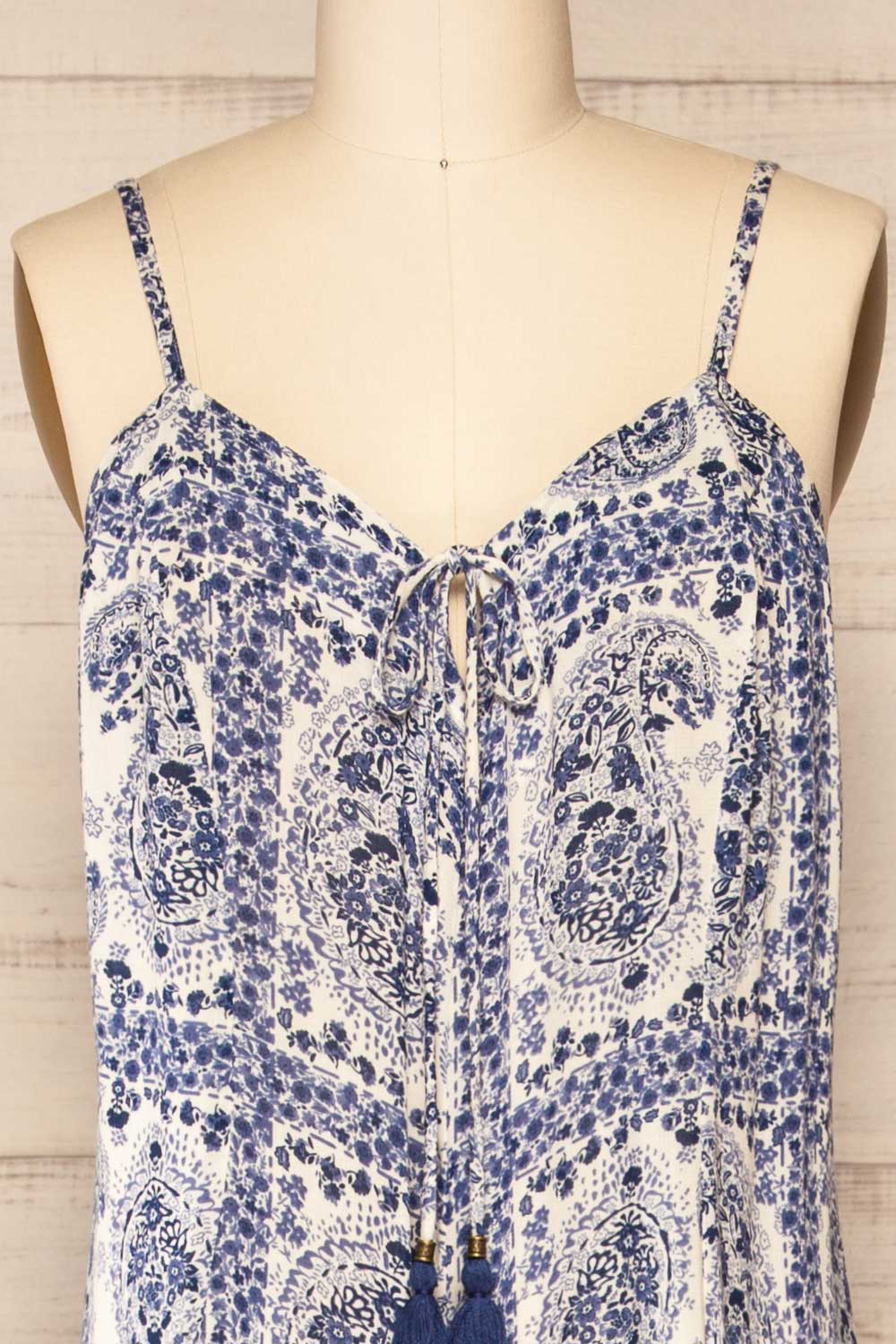 Billund Lousse Cut White and Blue Patterned Jumpsuit | La petite garçonne front close-up