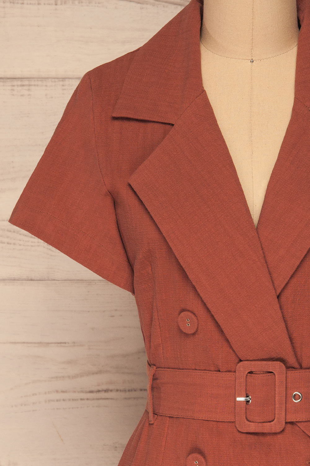 Bilzen Clay Orange Blazer Dress w/ Belt | La petite garçonne front close-up