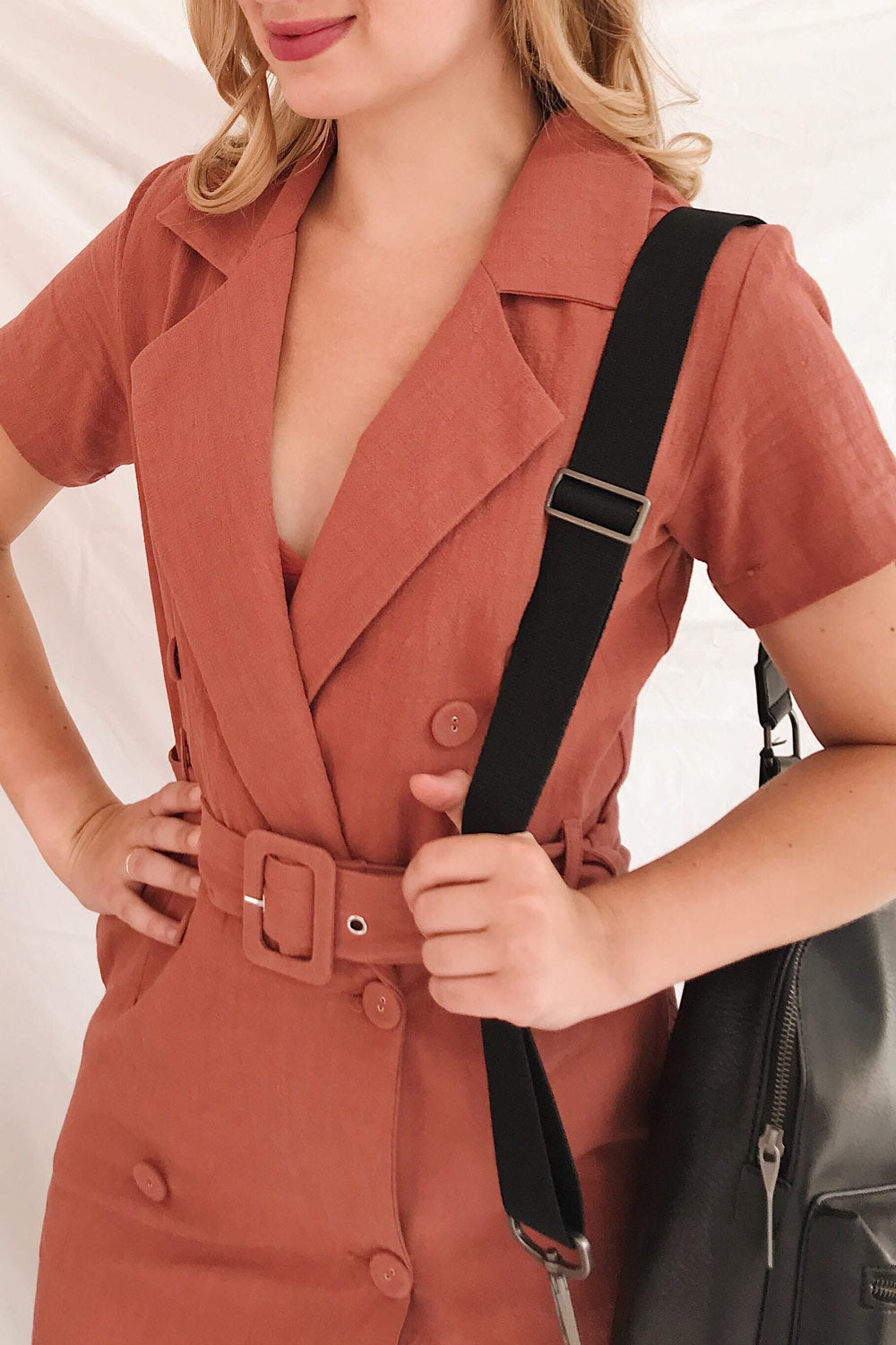 Bilzen Clay Orange Blazer Dress w/ Belt | La petite garçonne on model