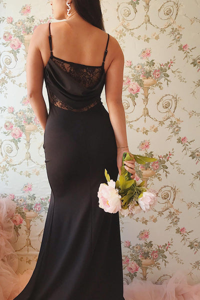Birna Black Cowl Neck Maxi Dress w/ Slit | Boutique 1861 model back