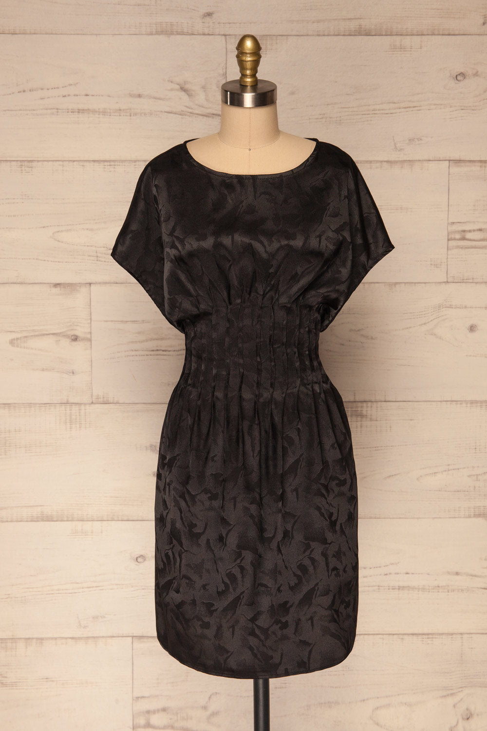 Blace Black Short Sleeve Satin Dress | La petite garçonne front view
