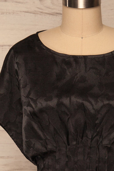 Blace Black Short Sleeve Satin Dress | La petite garçonne front close up
