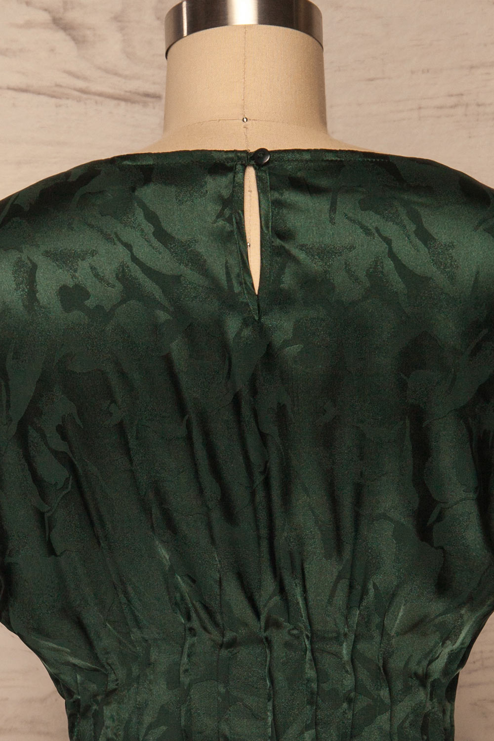 Blace Emerald Short Sleeve Satin Dress | La petite garçonne back close up