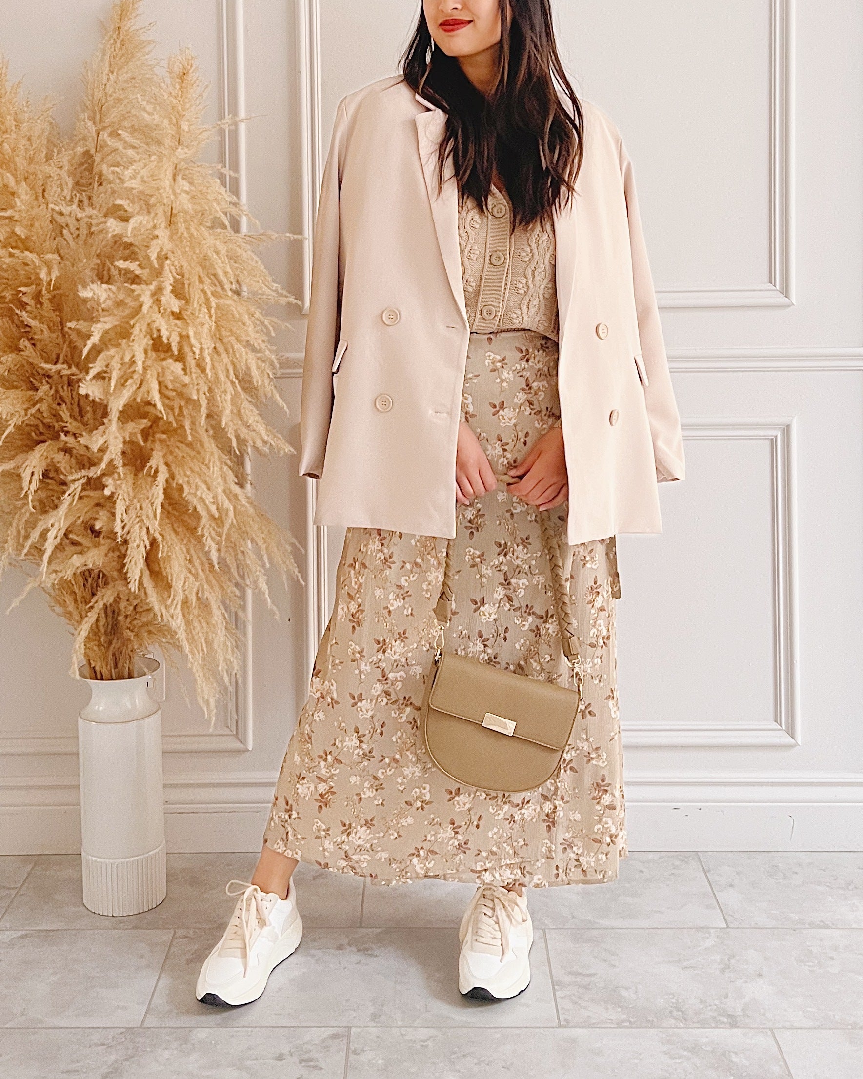 Kenneth Taupe Half-Moon Crossbody Handbag on model