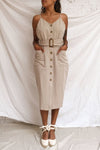 Blazowa Sand Beige Fitted Button-Up Midi Dress | La Petite Garçonne model look