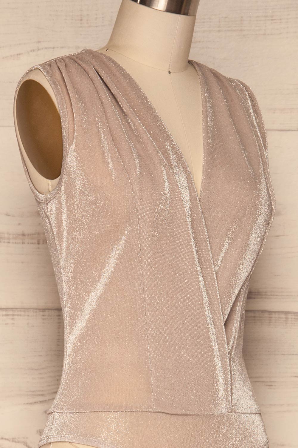 Bodzentyn Beige Plunging Neckline Bodysuit  |  SIDE CLOSE UP  | La Petite Garçonne