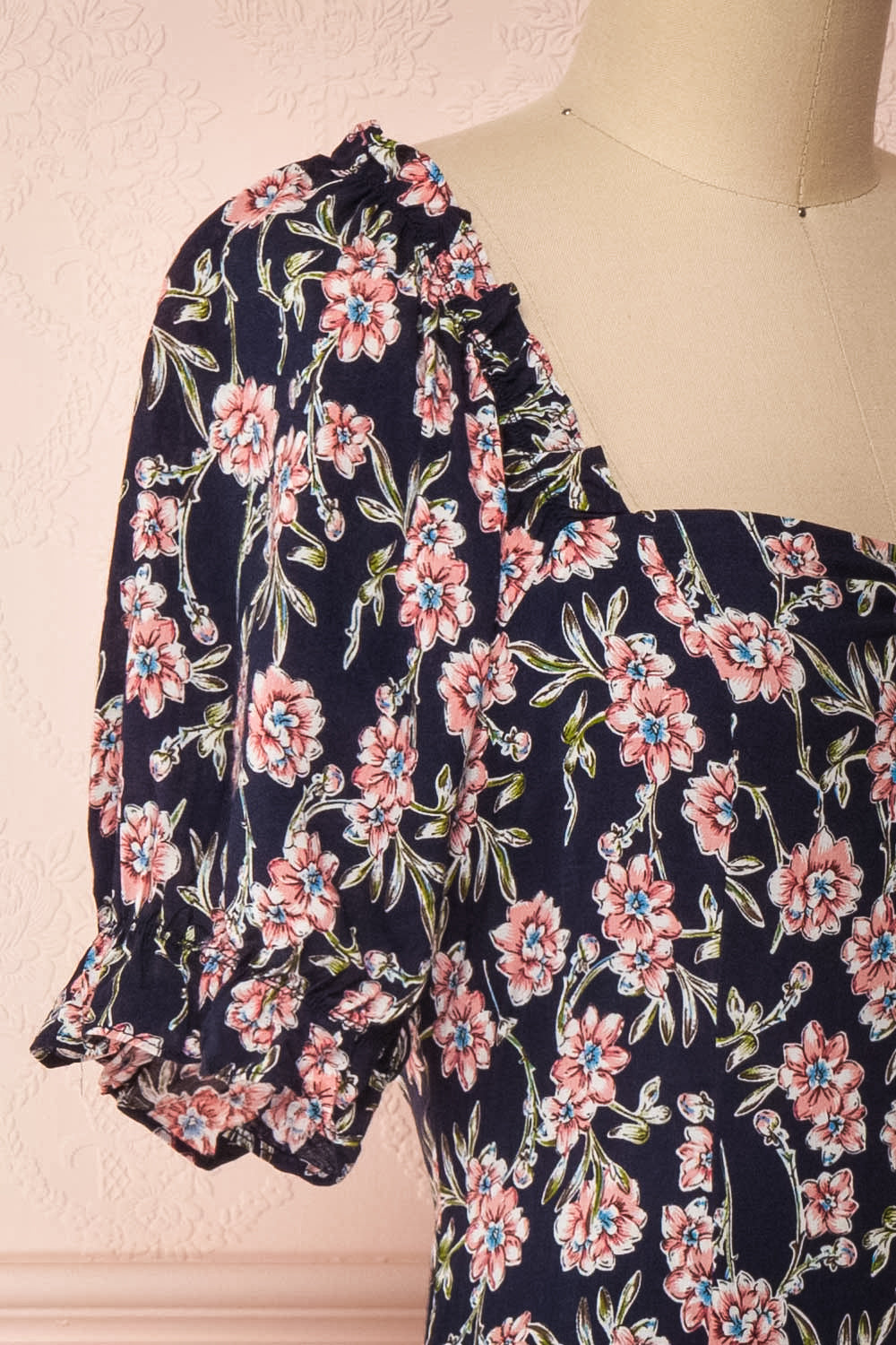 Bohdanko Navy Blue & Pink Floral Cocktail Dress | Boutique 1861 side close-up