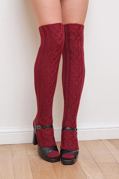 Bois Cannelle Burgundy Cable Knit Knee-High Socks | La petite garçonne on model