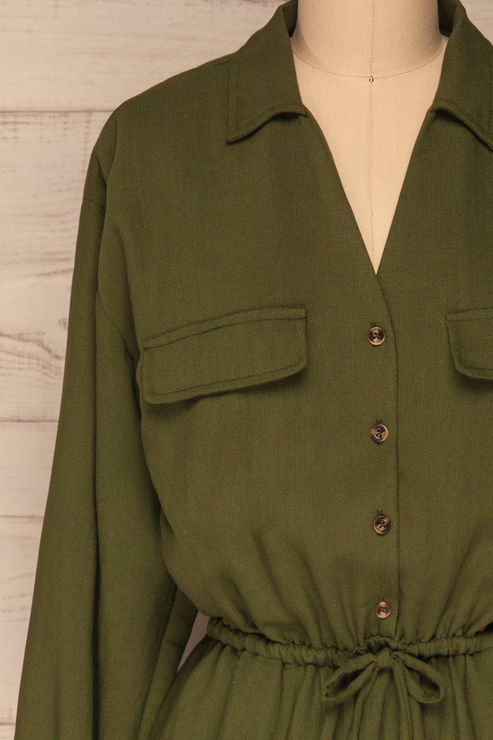 Bojanowo Khaki Green Long Sleeved Shirt Dress | La Petite Garçonne front close-up