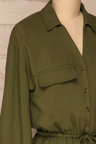 Bojanowo Khaki Green Long Sleeved Shirt Dress | La Petite Garçonne side close-up