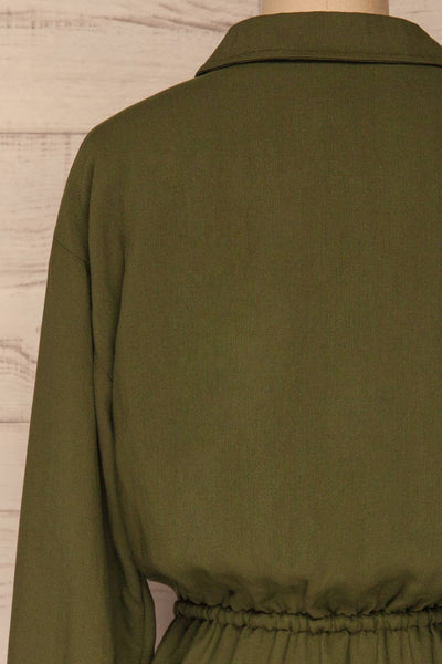 Bojanowo Khaki Green Long Sleeved Shirt Dress | La Petite Garçonne back close-up