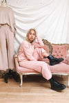Lucille Blush Pink Wide Leg Lounge Pants | La petite garçonne on model