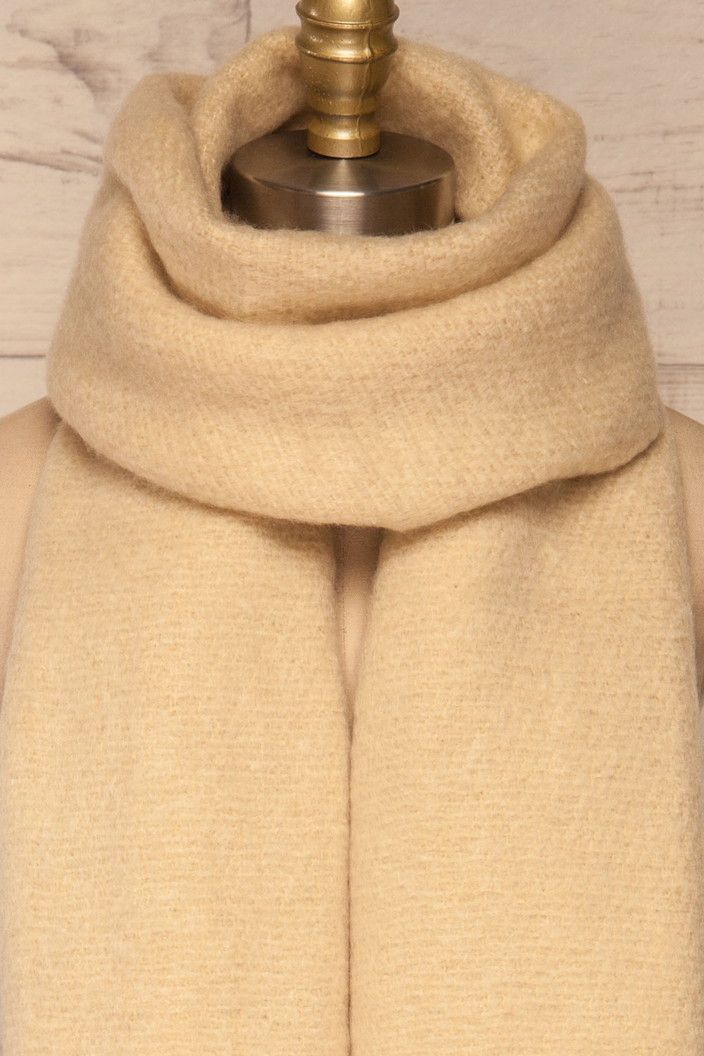 Bredevoort Beige Soft Knit Scarf w/ Fringe around neck | La Petite Garçonne