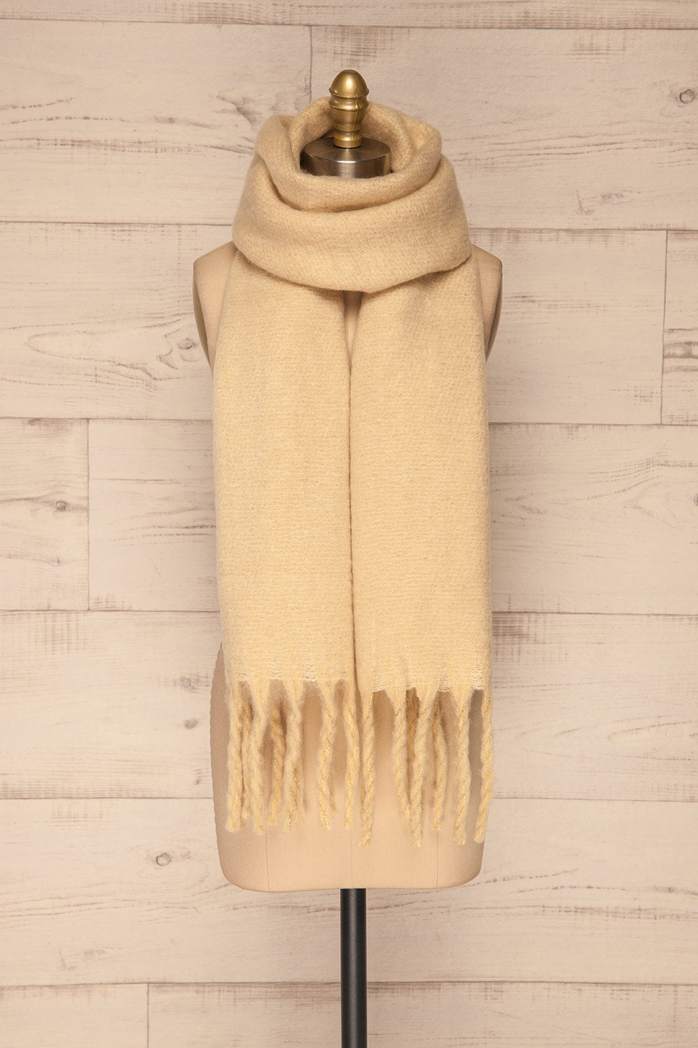 Bredevoort Beige Soft Knit Scarf w/ Fringe around neck view | La Petite Garçonne