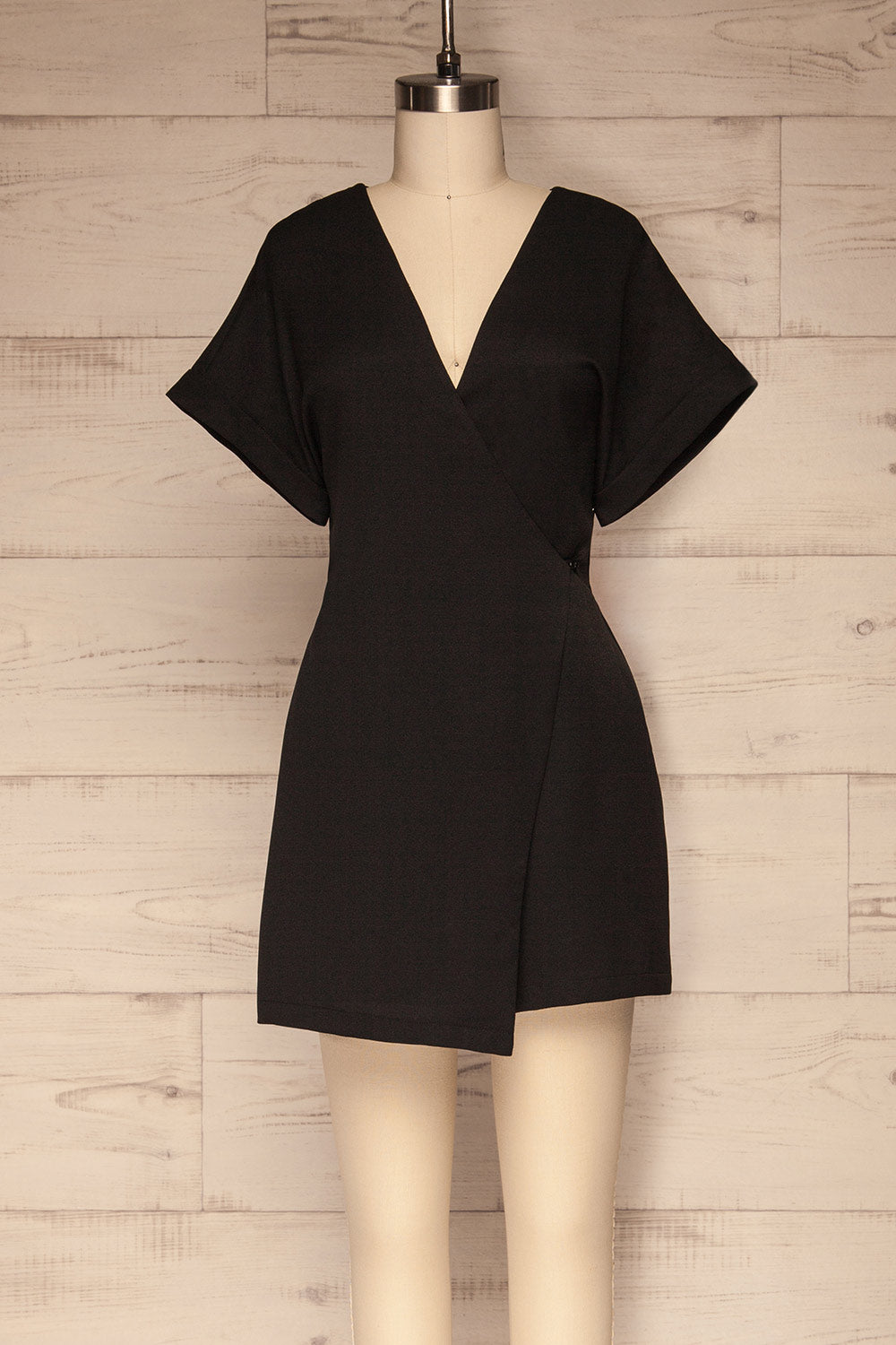 Brescia Black Short Sleeve Wrap Romper front view | La petite garçonne