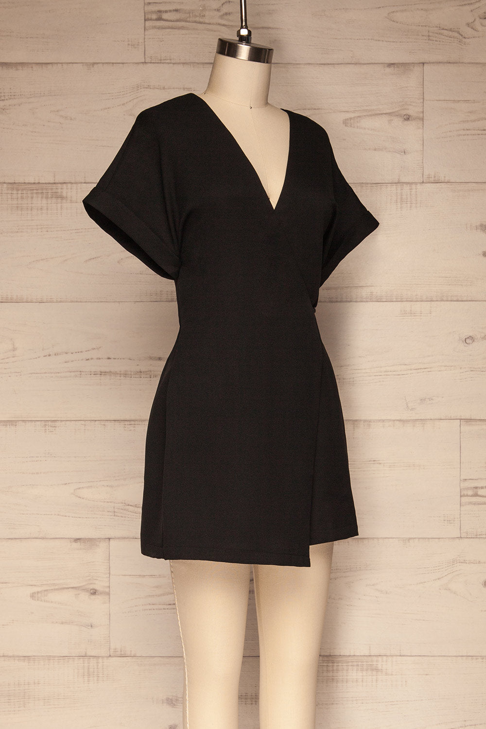 Brescia Black Short Sleeve Wrap Romper side view | La petite garçonne