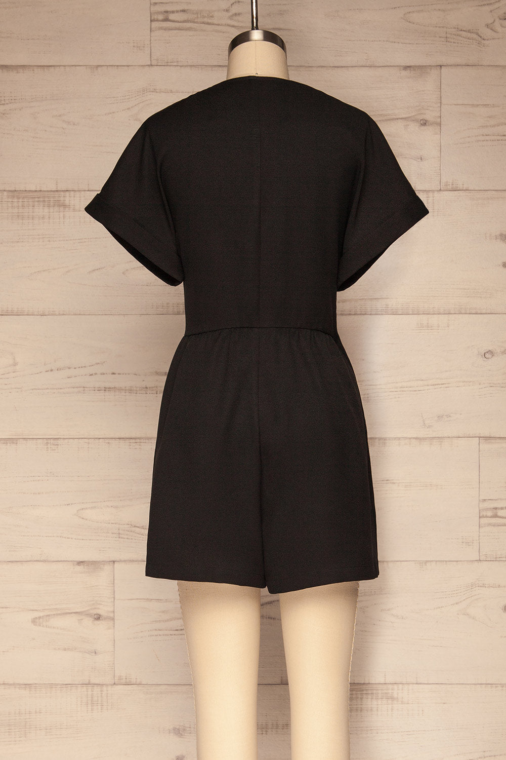 Brescia Black Short Sleeve Wrap Romper back view | La petite garçonne