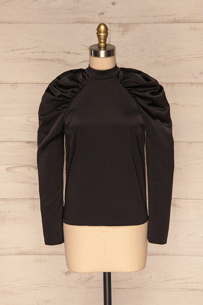 Bridgen Noir Black Long Sleeved Silky Top | FRONT VIEW | La Petite Garçonne