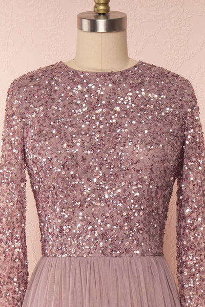 Brielle Lilac Sequin Flare Gown | Robe longue front close up | Boutique 1861