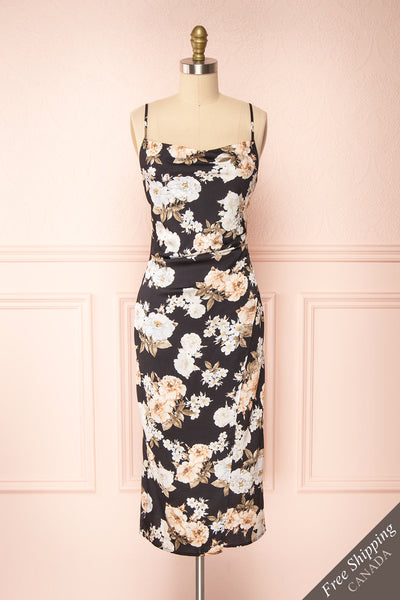 Brooke Black Floral Midi Slip Dress | Boutique 1861 front view