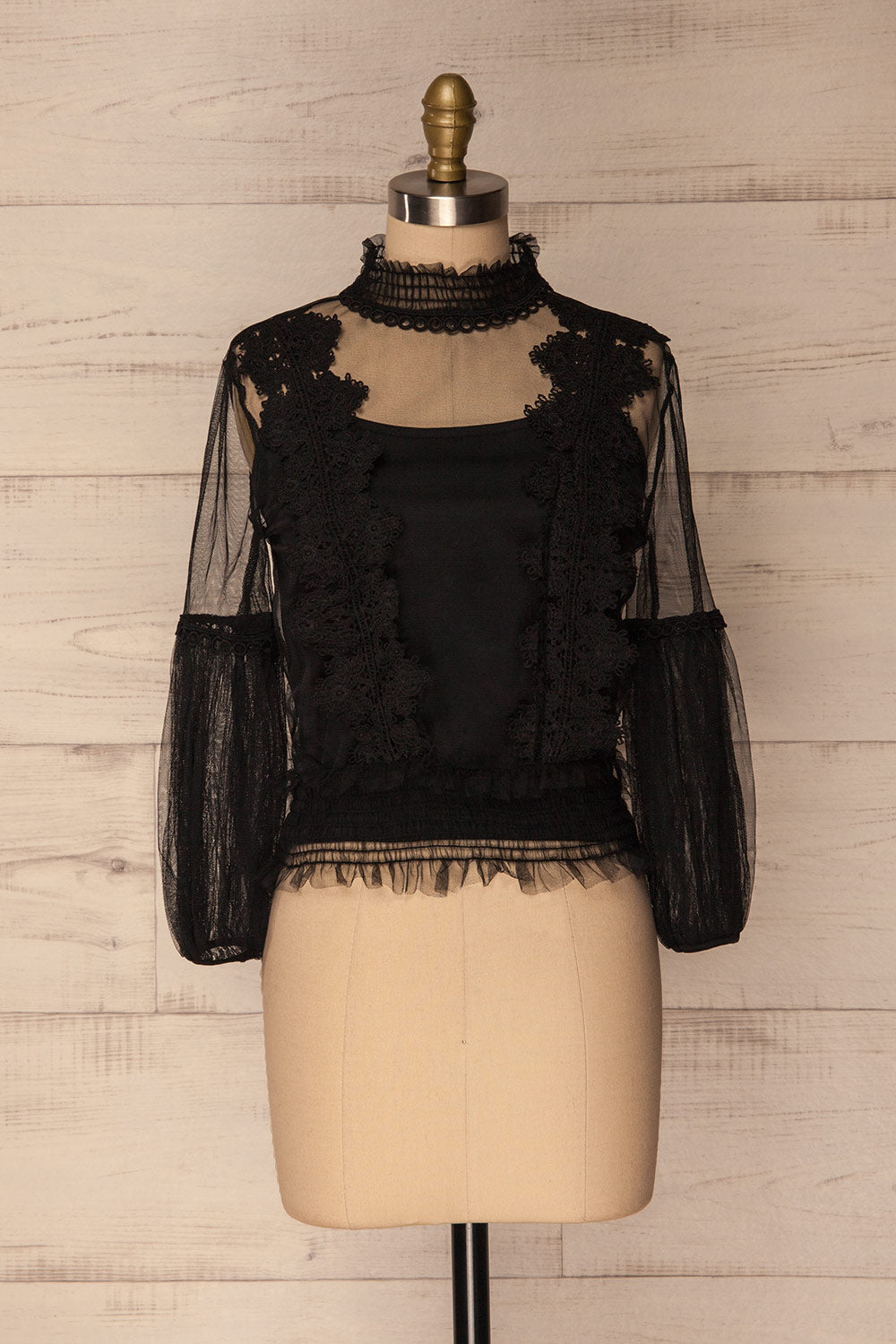 Brumela Black Mesh & Lace Top with Puff Sleeves | La Petite Garçonne 1