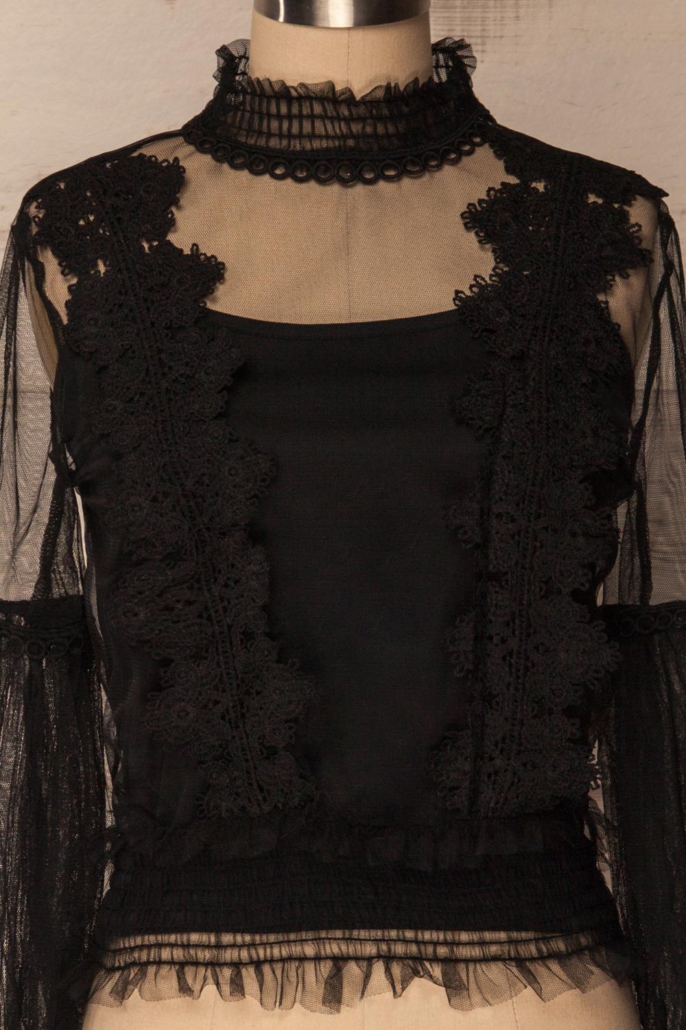 Brumela Black Mesh & Lace Top with Puff Sleeves | La Petite Garçonne 3