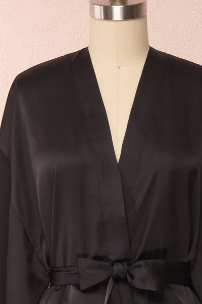 Bryna Black Satin Kimono | Boudoir 1861 front close up