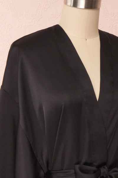 Bryna Black Satin Kimono | Boudoir 1861 side close up