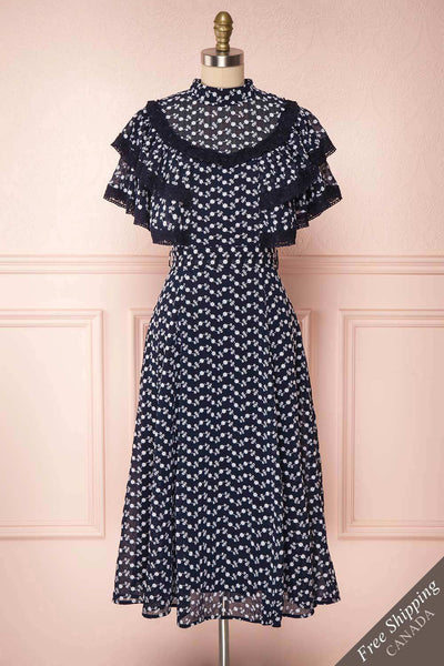 Buffy Navy Blue Embroidered Ruffled A-Line Dress | Boutique 1861