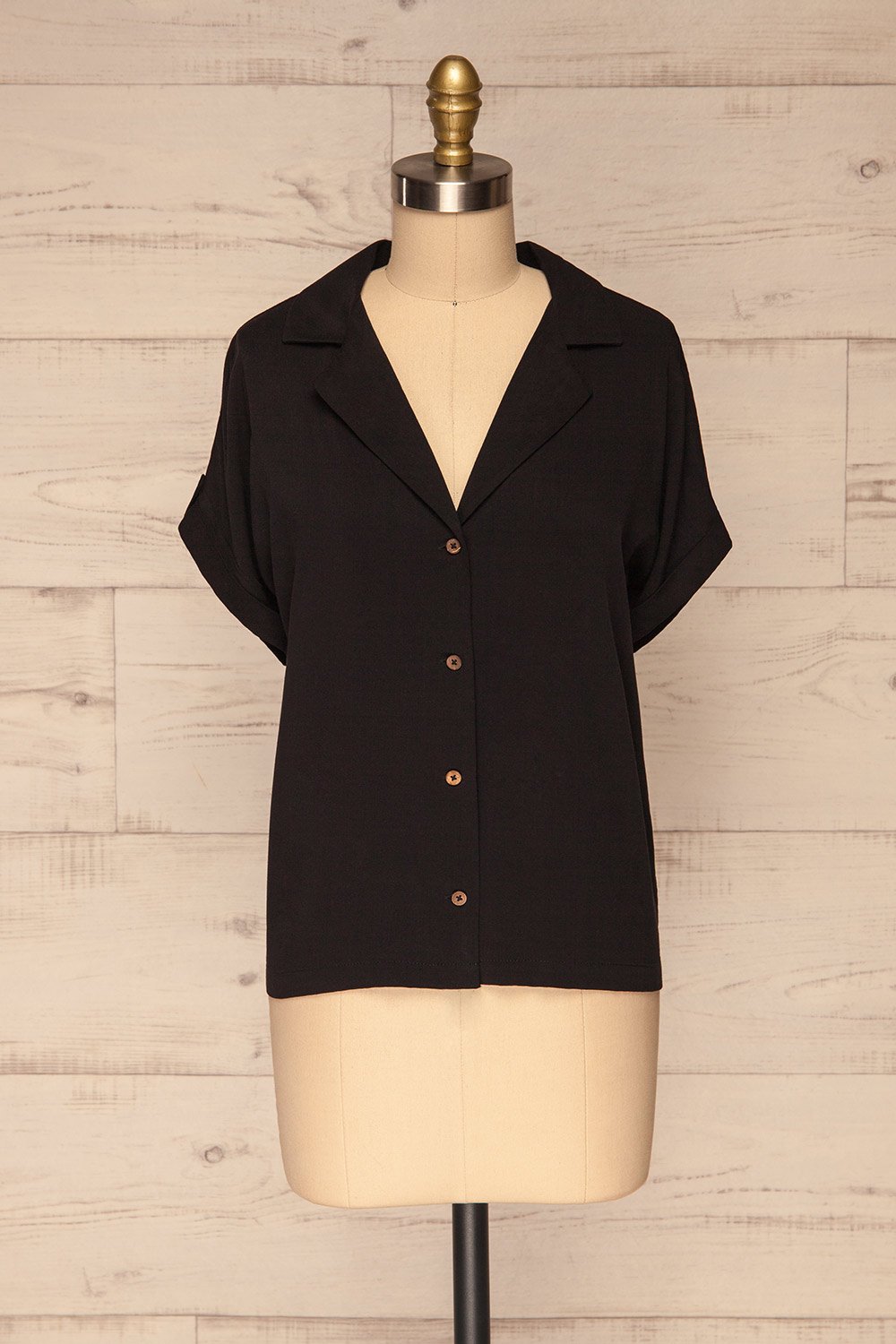 Buzau Black Buttoned Short Sleeved Top front view | La petite garçonne