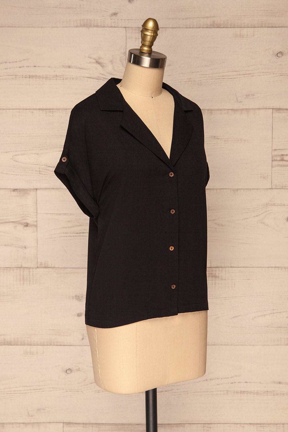 Buzau Black Buttoned Short Sleeved Top side view | La petite garçonne