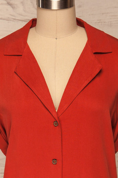 Buzau Red Buttoned Short Sleeved Top front close up | La petite garçonne