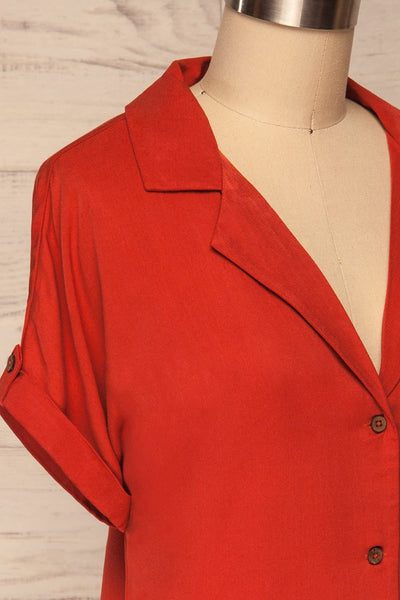 Buzau Red Buttoned Short Sleeved Top side close up | La petite garçonne