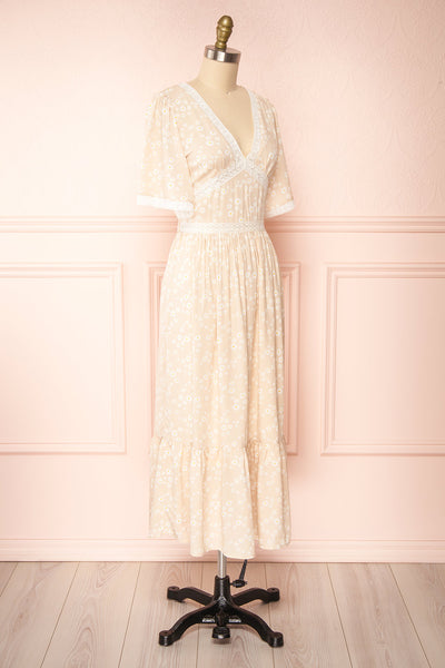Cadice Beige Floral Short Sleeve Midi Dress | Boutique 1861 side view