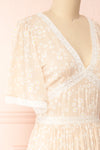 Cadice Beige Floral Short Sleeve Midi Dress | Boutique 1861 side close-up