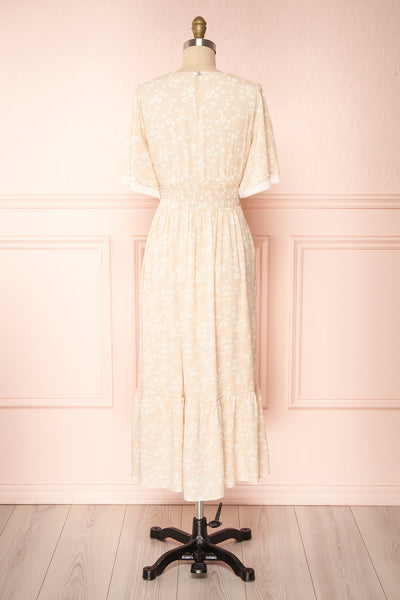 Cadice Beige Floral Short Sleeve Midi Dress | Boutique 1861 back view