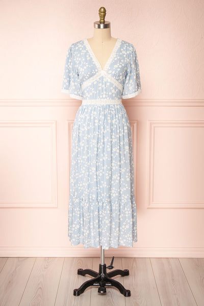 Cadice Blue Floral Short Sleeve Midi Dress | Boutique 1861 front view