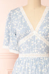 Cadice Blue Floral Short Sleeve Midi Dress | Boutique 1861 front close-up