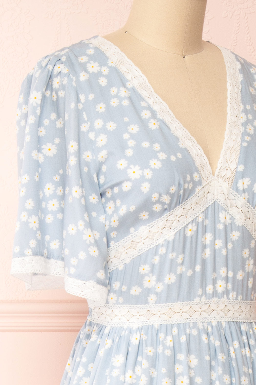 Cadice Blue Floral Short Sleeve Midi Dress | Boutique 1861 side close-up