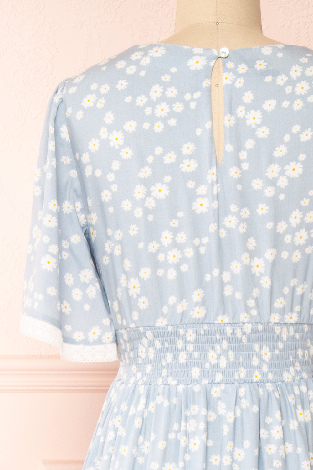 Cadice Blue Floral Short Sleeve Midi Dress | Boutique 1861 back close-up