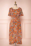 Cahan Cinnamon Orange Floral Silky Midi Dress face view | Boutique 1861
