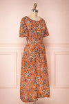 Cahan Cinnamon Orange Floral Silky Midi Dress side view | Boutique 1861