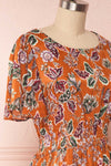 Cahan Cinnamon Orange Floral Silky Midi Dress side close up | Boutique 1861