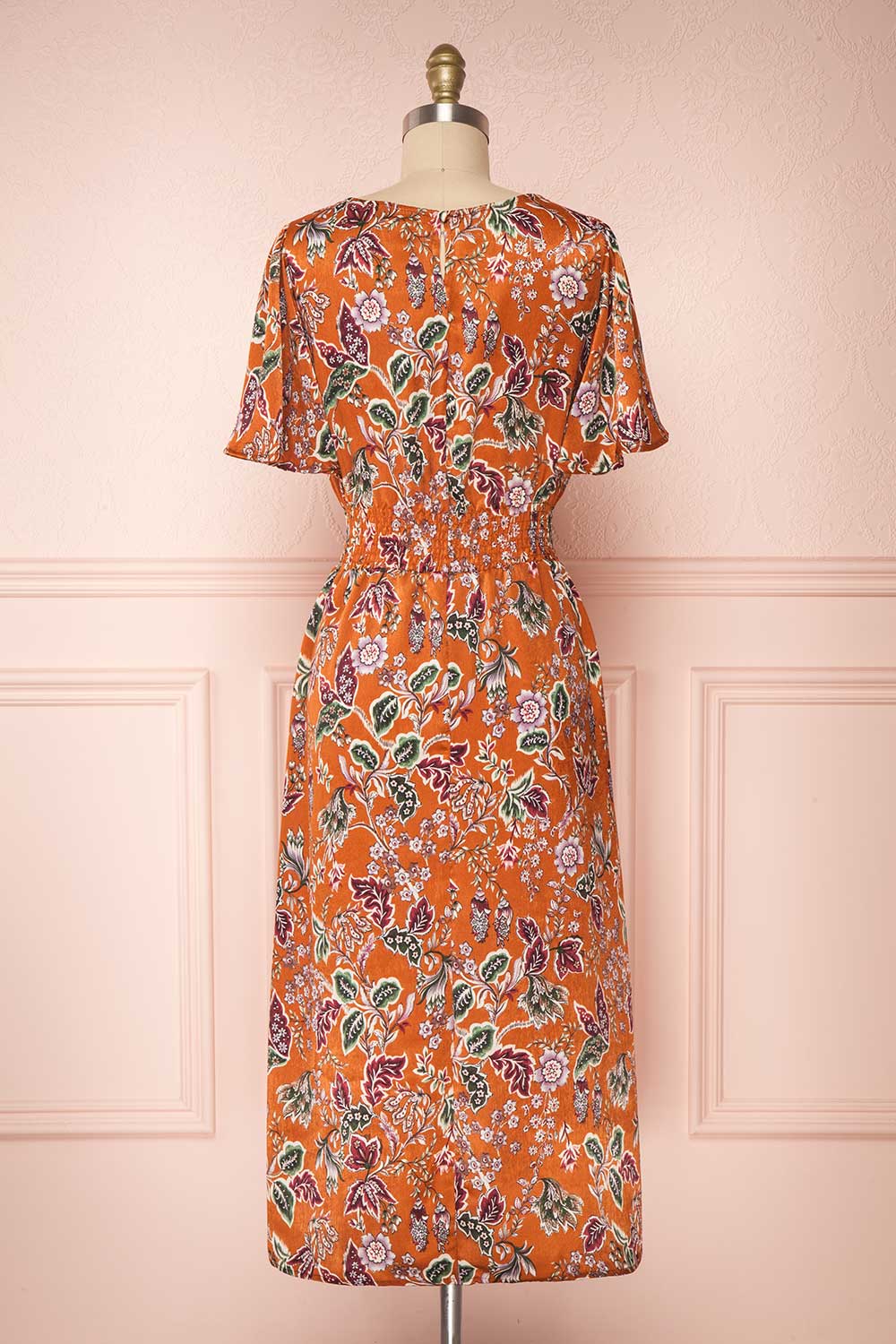 Cahan Cinnamon Orange Floral Silky Midi Dress back view | Boutique 1861